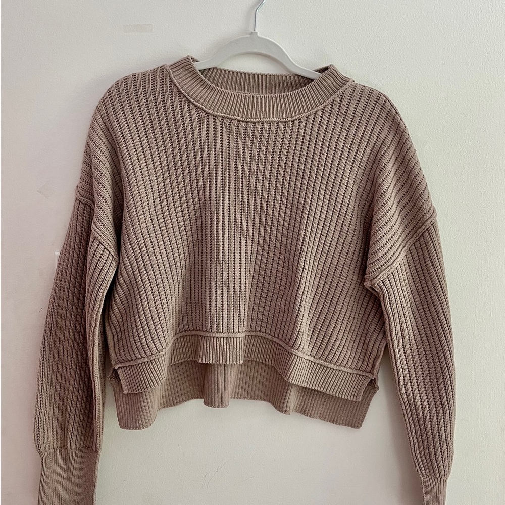 Tan Ribbed Crew Neck Knit Cropped Sweater
